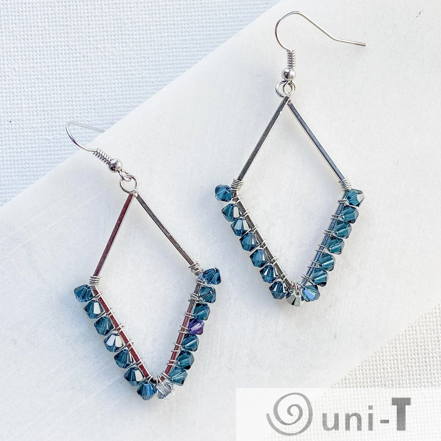 Diamond Shape Earrings with Wrapped Crystals - Blue, Purple & Green - Large Lisa Trachtman