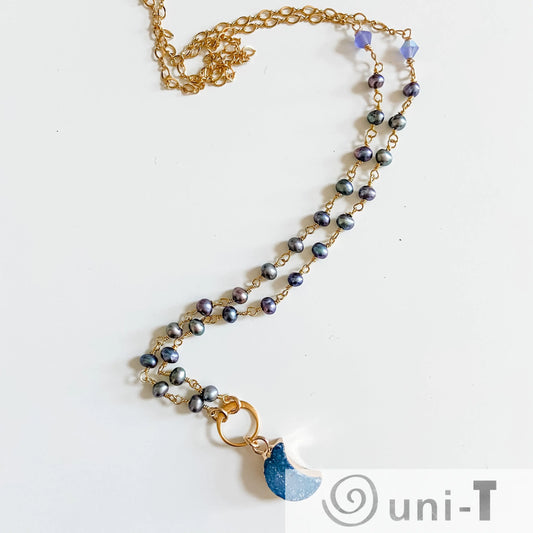 Druzy Quartz Blue Mini Moon and Peacock Pearl, Vermeil, 14K Gold Filled Circlet Necklace Regina McGearty