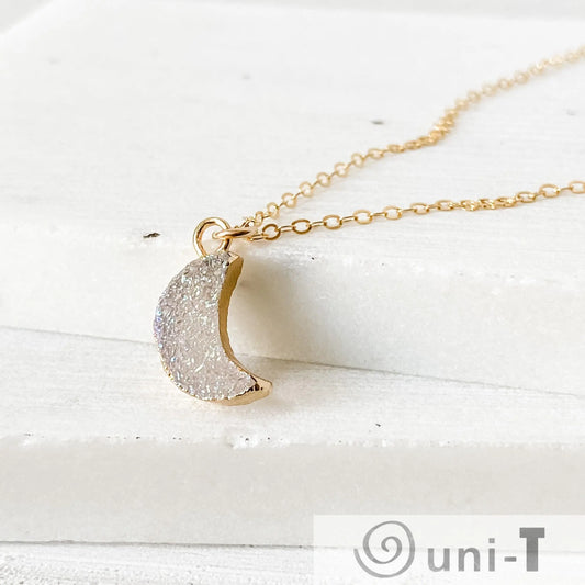 Druzy Quartz Mini Moon Pendant Necklace on 14K Gold Filled Chain Regina McGearty