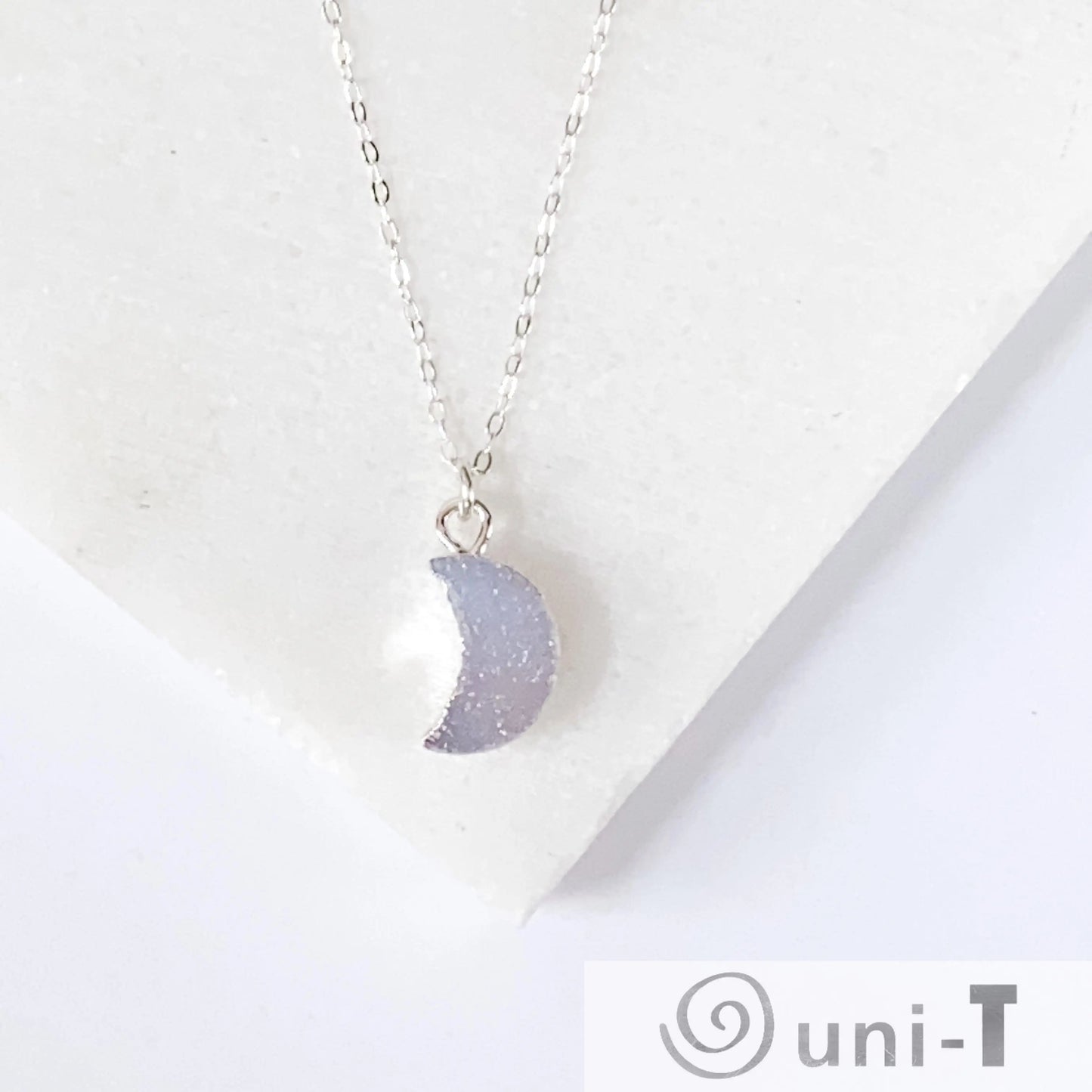 Druzy Quartz Mini Moon Pendant Necklace on Sterling Silver Chain Regina McGearty