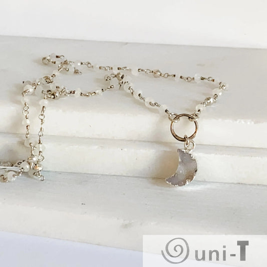 Druzy Quartz Mini Moon and Moonstone with Sterling Silver Circlet Necklace Regina McGearty