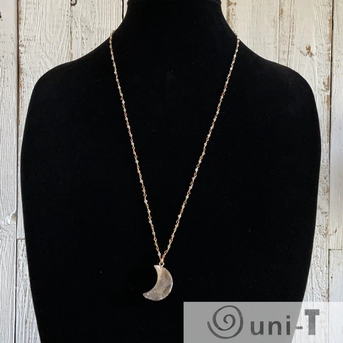 Druzy Quartz Natural Moon and Moonstone with 14K Gold Filled Necklace Regina McGearty