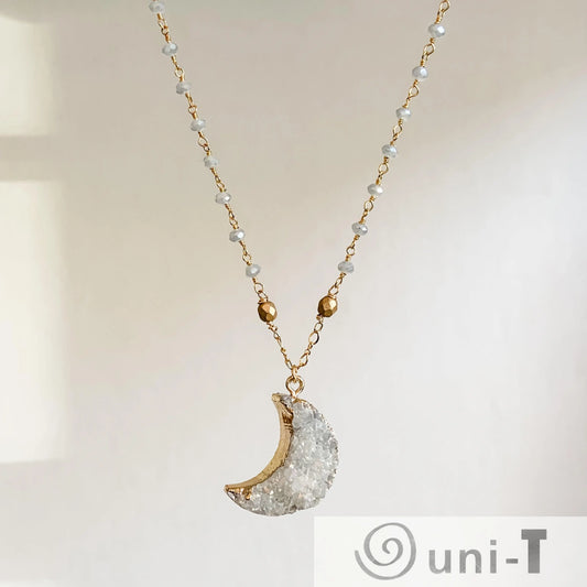 Druzy Quartz Natural Moon, Gray Jade and Brass with 14K Gold Filled Necklace Regina McGearty