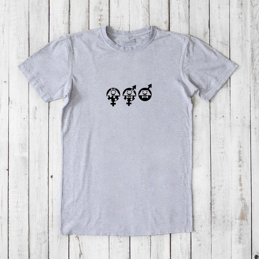 Light grey Men's Equality T-Shirt made from bamboo and organic cotton, featuring black gender symbols for a social justice statement.