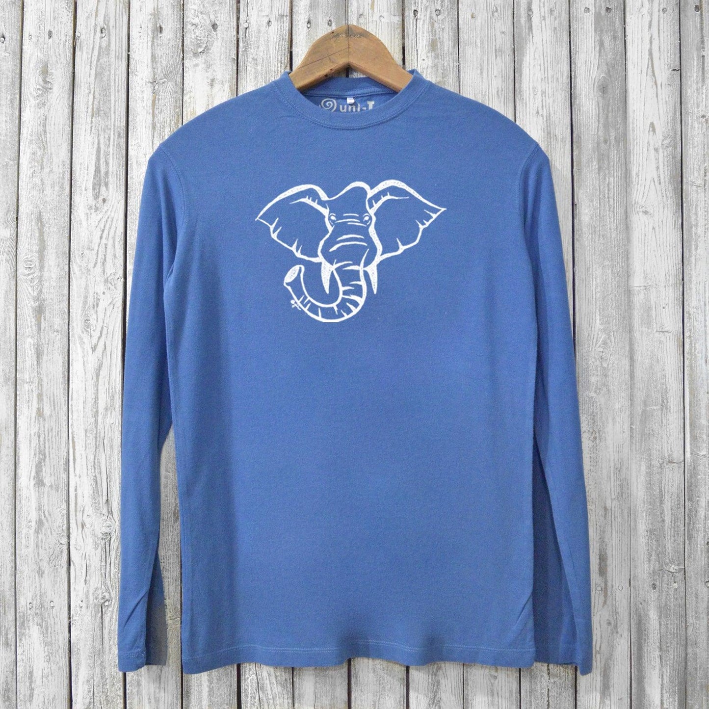 Sustainable Men's Elephant Long Sleeve T-Shirt in blue with bold white elephant graphic. Crafted from bamboo and organic cotton for eco-conscious style.