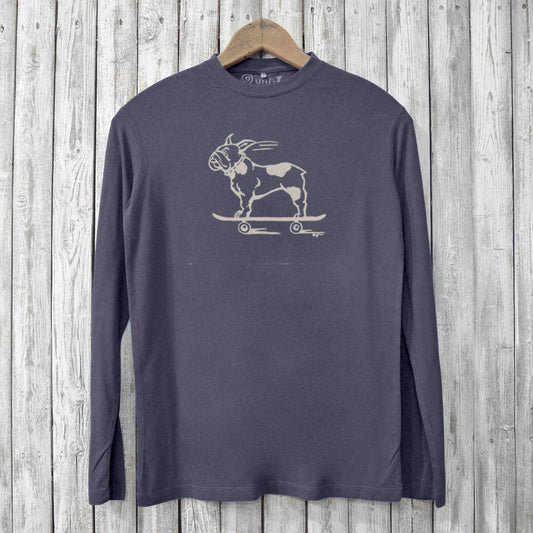 Charcoal bamboo long sleeve T-shirt for men with a French Bulldog skateboard graphic. Sustainable and soft organic cotton blend.