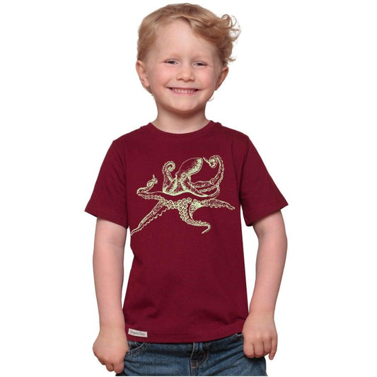 Child wearing Kids' Octopus Organic Cotton T-Shirt in burgundy with yellow sea creature print. Sustainable ocean-themed tee by Uni-T.