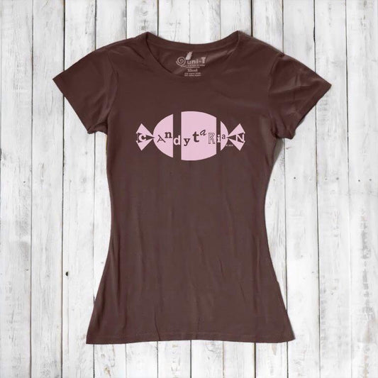 Brown bamboo and organic cotton women's graphic tee with pink 'Candytarian' candy logo. Sustainable dessert lover gift shirt by Uni-T.