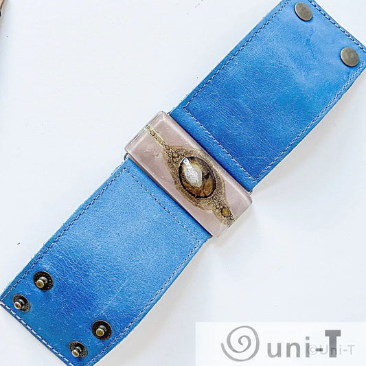Fused Recycled Glass 2" Reclaimed Leather Cuff Carolina Portillo