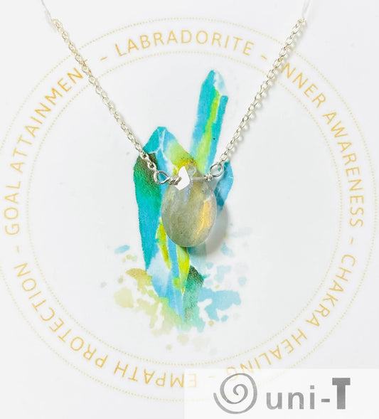 Labradorite gemstone necklace on sterling silver chain with watercolor crystal art. Promotes goal attainment and inner awareness.