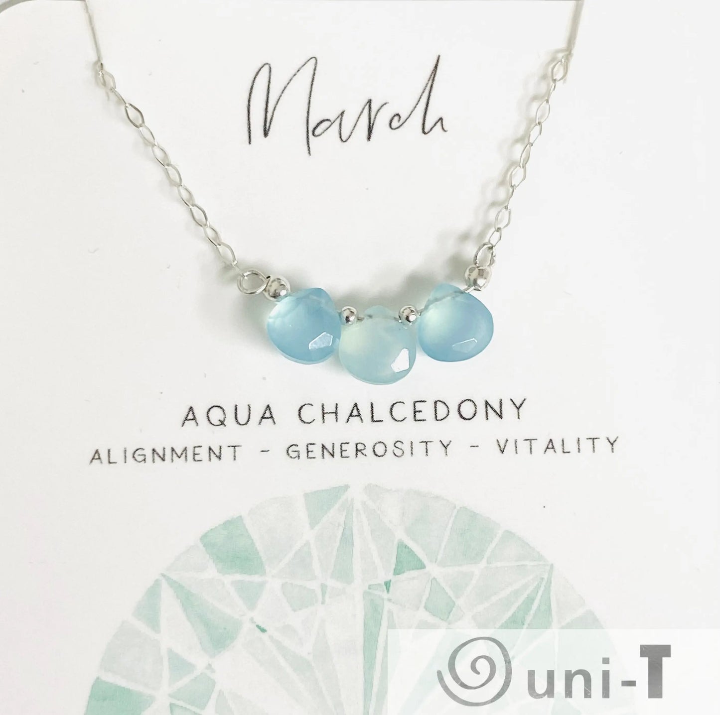 Aqua chalcedony gemstone necklace for March with sterling silver chain. Features three hand-cut stones symbolizing vitality and alignment.