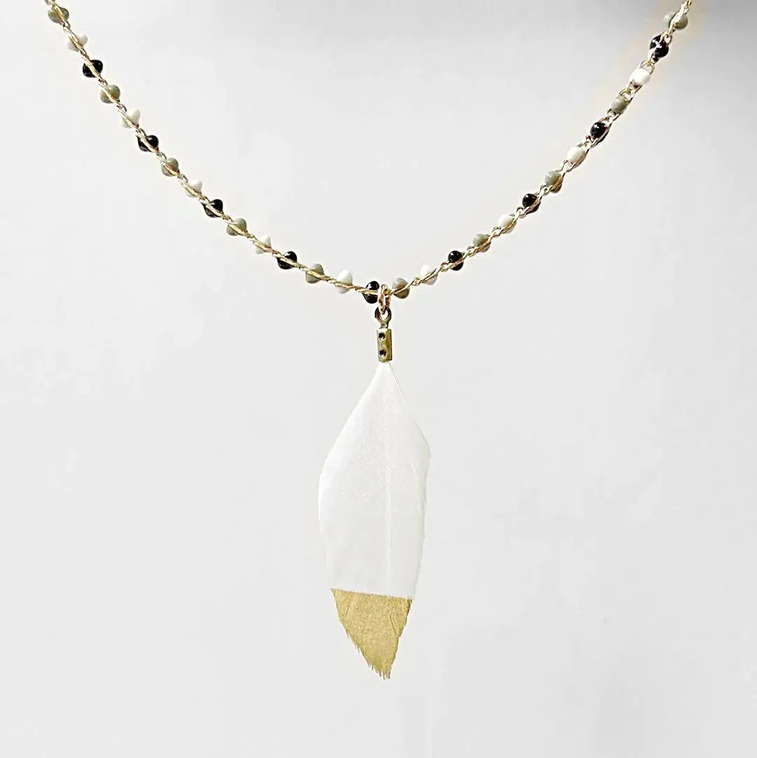 Gold Dipped Feather, Enamel Dot 14K Gold Filled Necklace Regina McGearty