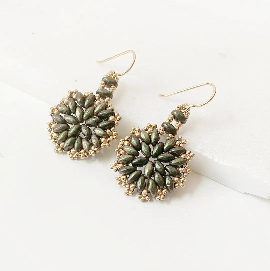Elegant green flower medallion earrings with silver and amethyst beads, designed with gold-filled hooks and intricate floral detailing.