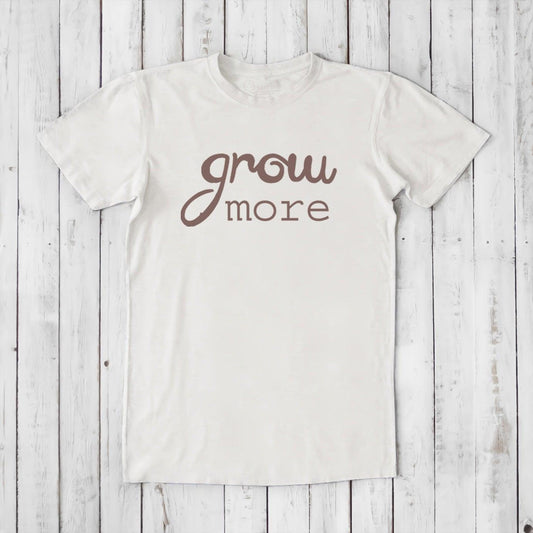 Ivory 'Grow More' men's bamboo and organic cotton gardening T-shirt, soft breathable fabric, perfect gift for eco-conscious plant lovers.