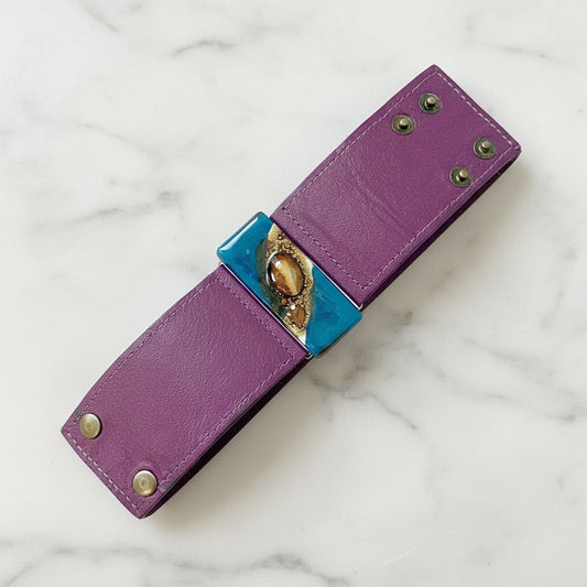 Handmade Leather Cuff with Recycled Fused Glass - Large Carolina Portillo