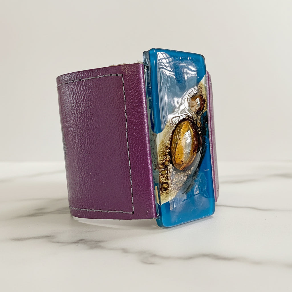 Handmade Leather Cuff with Recycled Fused Glass - Large Carolina Portillo