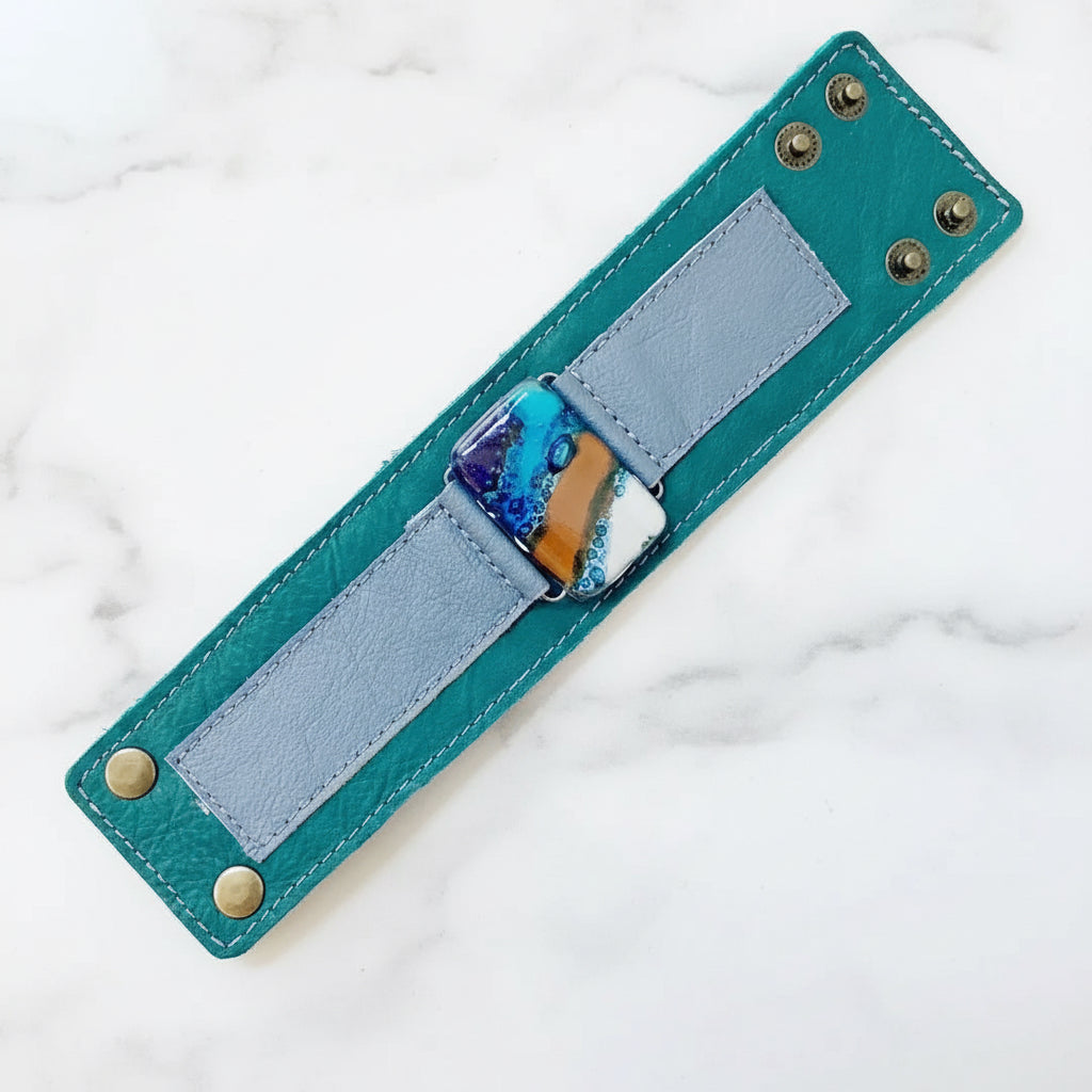Handmade Leather Cuff with Recycled Fused Glass - Medium Carolina Portillo