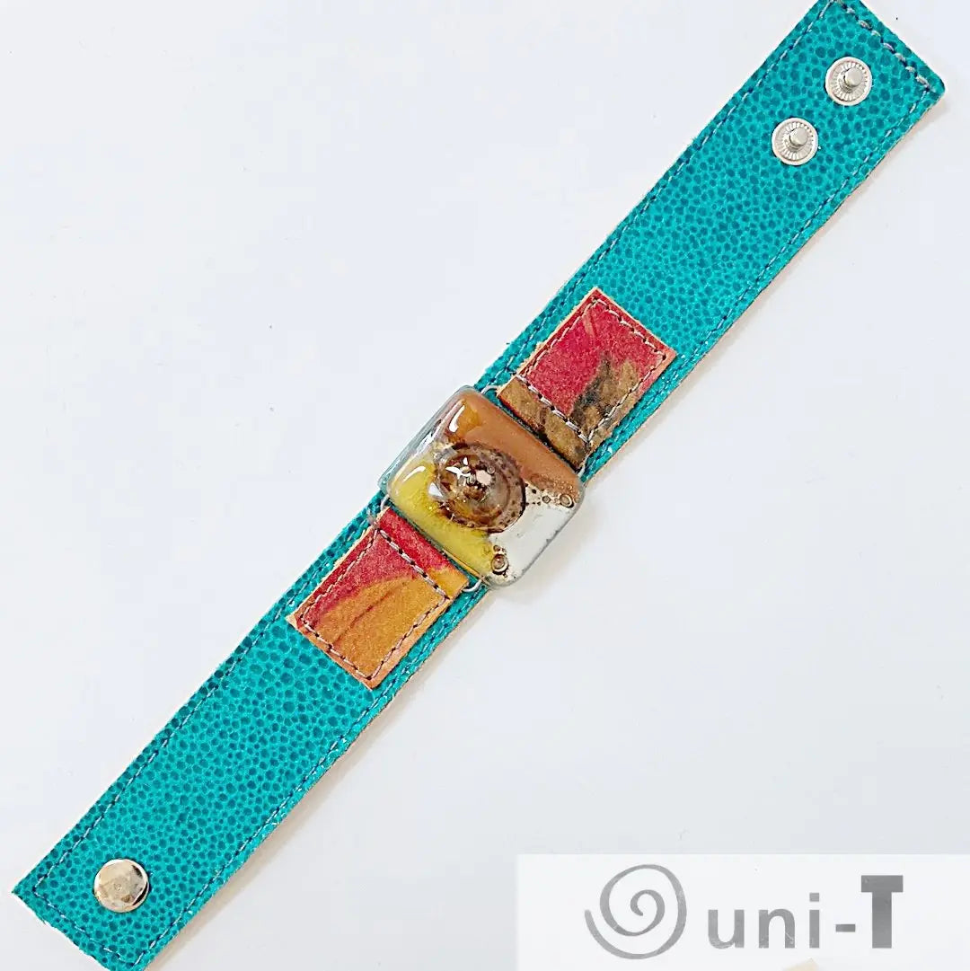Handmade Leather Cuff with Recycled Fused Glass - Narrow Carolina Portillo