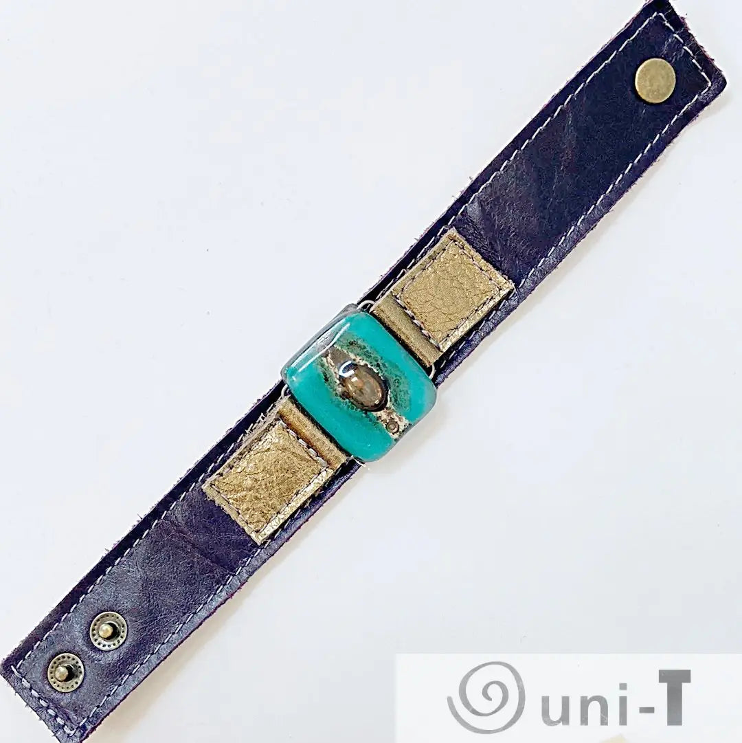 Handmade Leather Cuff with Recycled Fused Glass - Narrow Carolina Portillo