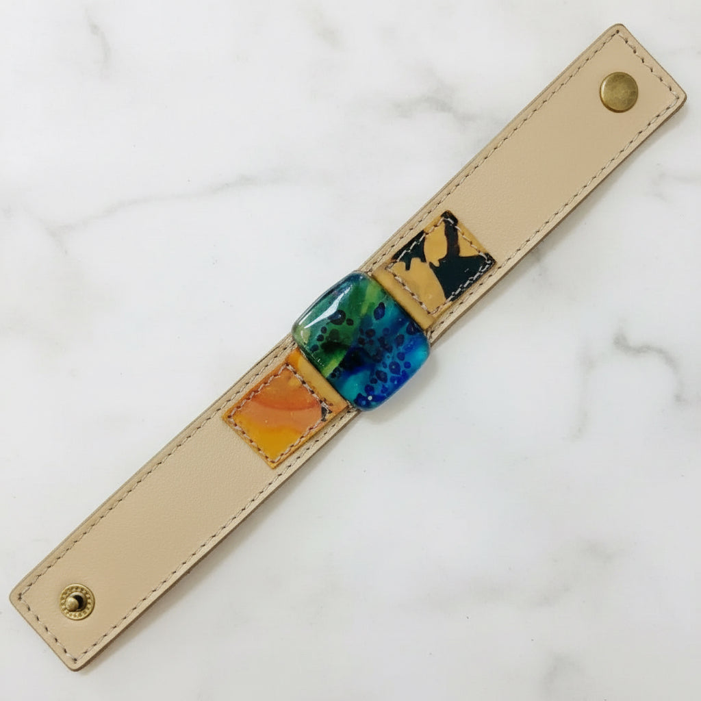 Handmade Leather Cuff with Recycled Fused Glass - Narrow Carolina Portillo