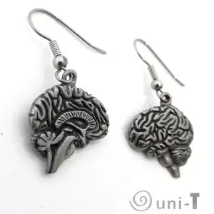 Human Brain Earrings - Unique Jewelry Gift with left hemisphere brain detail in pewter. A quirky accessory for science and anatomy fans.