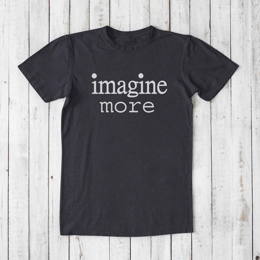 Dark gray Men's Imagine T-Shirt made from bamboo and organic cotton, featuring white 'imagine more' graphic. Sustainable gift for creatives.