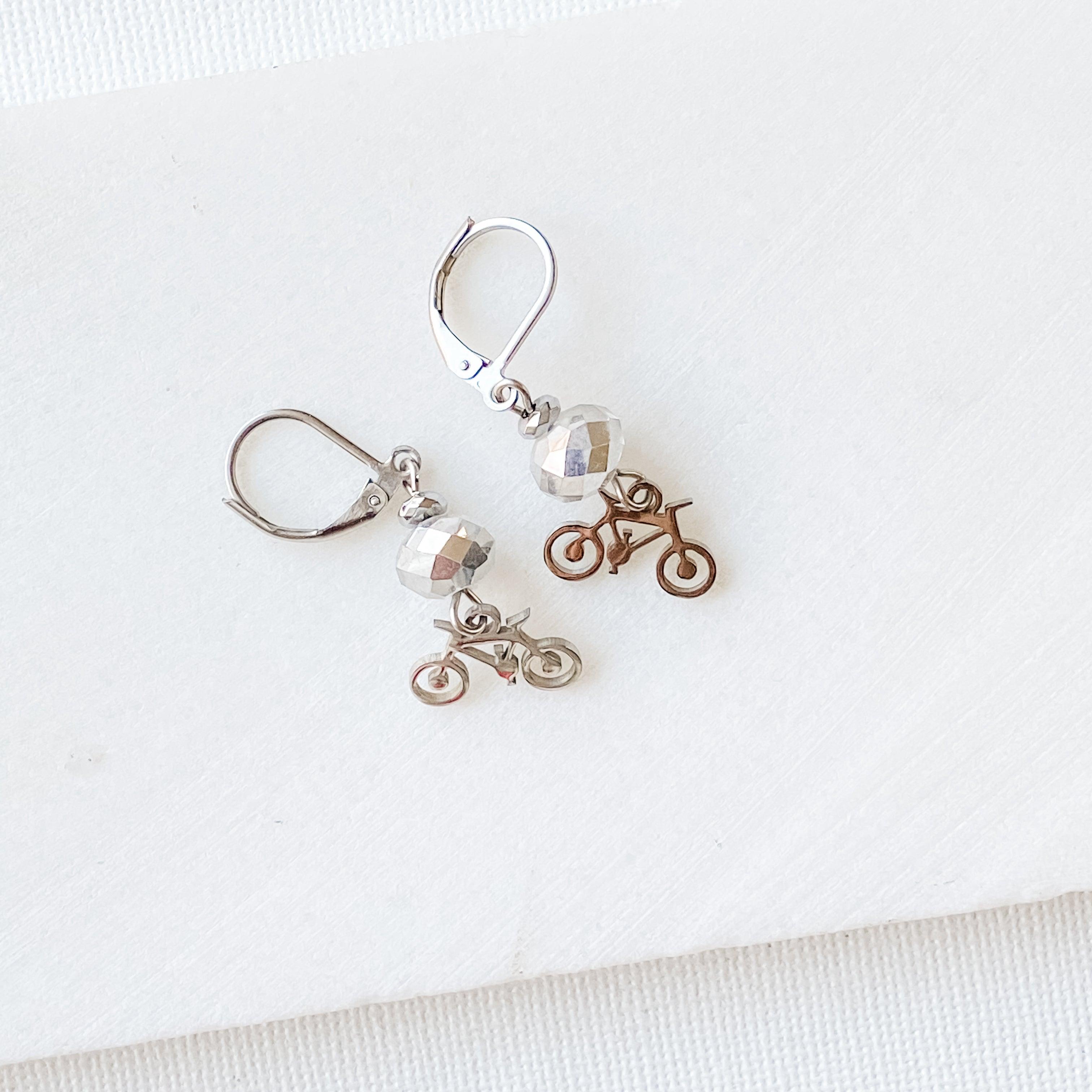 Bicycle Earrings with Beads, Surgical Steel Charm Earrings Uni-T