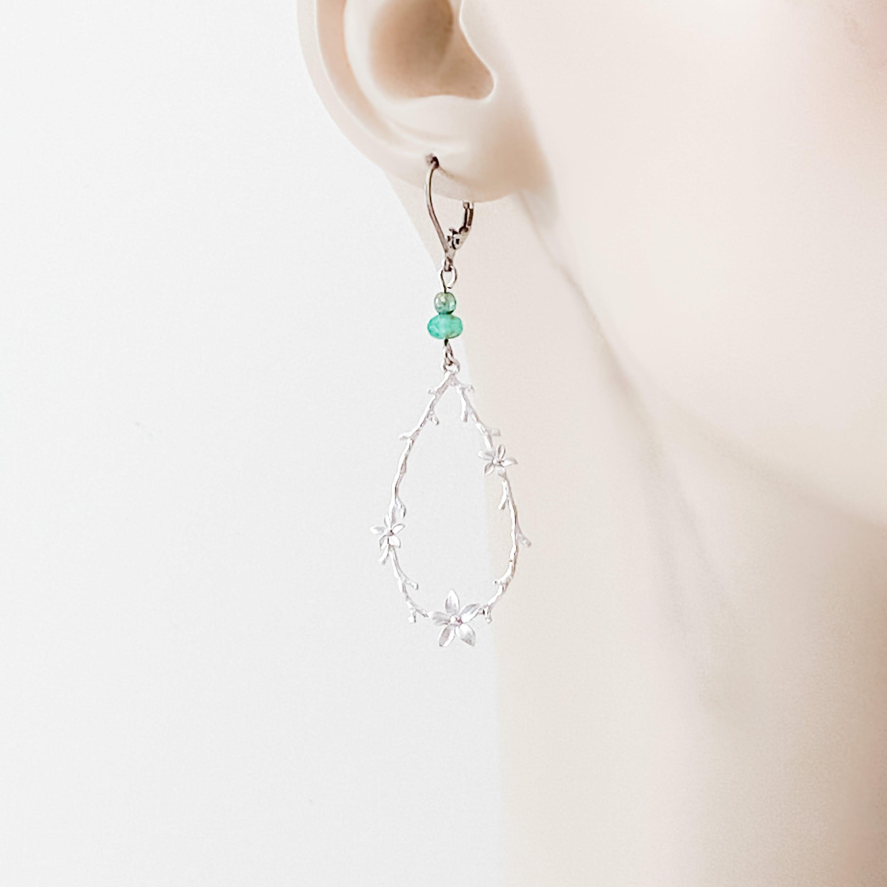 Rhodium Plated Earrings with Surgical Steel Ear Wire - Teardrop with Flowers Uni-T
