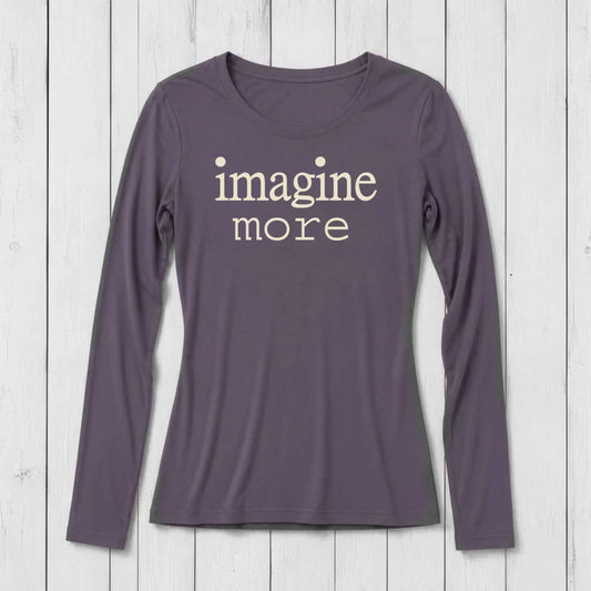 Dark purple Women's Imagine Long Sleeve T-Shirt made from bamboo and organic cotton. Features minimalist 'imagine more' typography.
