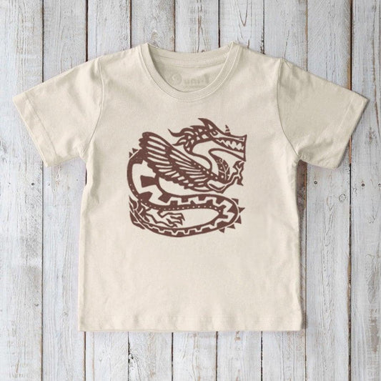Cream Kids' Organic Cotton T-Shirt featuring brown ancient dragon illustration, sustainable fantasy-themed tee by Uni-T.