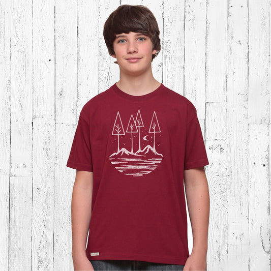 Inspirational Kids' Organic Cotton Nature T-Shirt in maroon, featuring minimalist forest and mountain design, ideal for school or play.