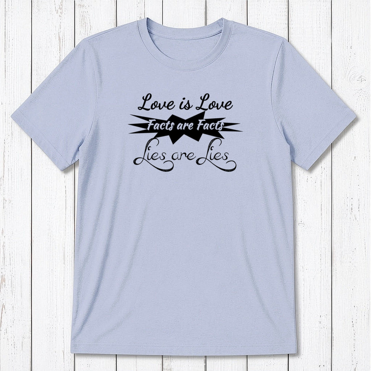Light blue men's bamboo & organic cotton tee with black 'Love is Love Facts are Facts Lies are Lies' graphic, supporting truth and equality.