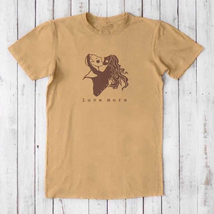 Mustard yellow Men's Love T-Shirt made from bamboo and organic cotton, with romantic brown graphic and 'love more' message, eco gift idea.