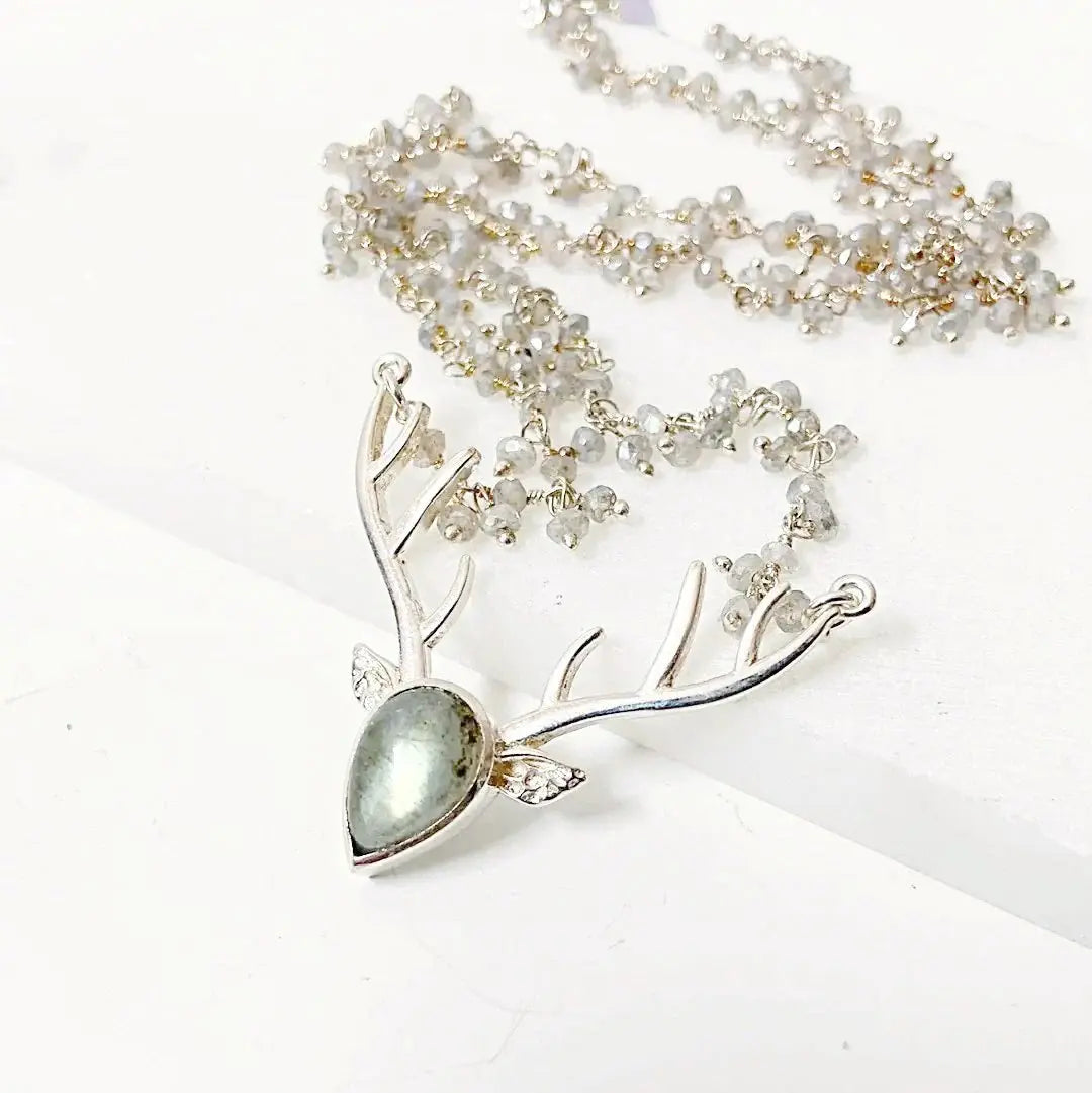 Labradorite Dear Head with Labradorite Cluster Sterling Silver Chain Necklace Regina McGearty