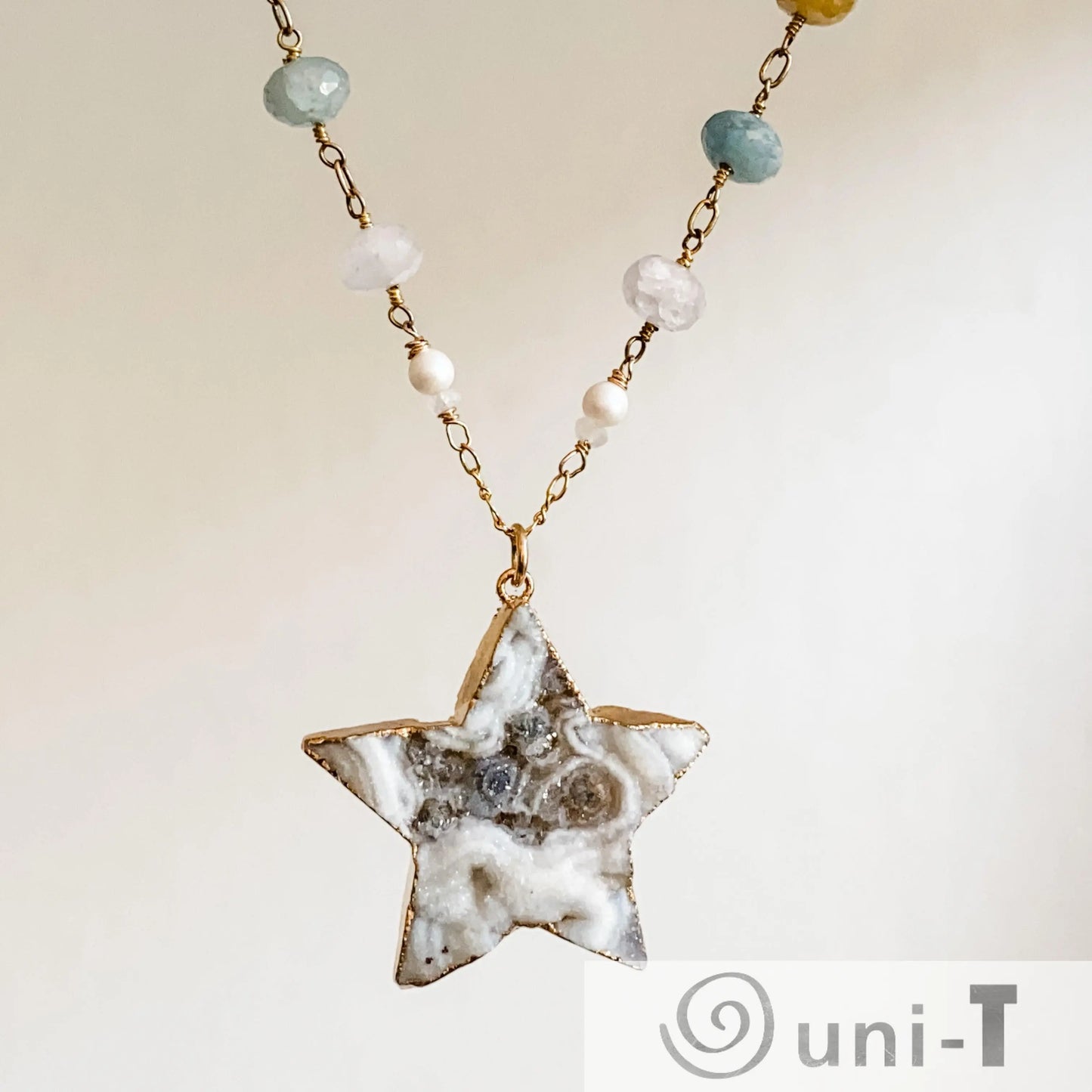 Large Druzy Quartz Star, Apatite, Sunstone and Quartz with 14K Gold Filled Necklace Regina McGearty