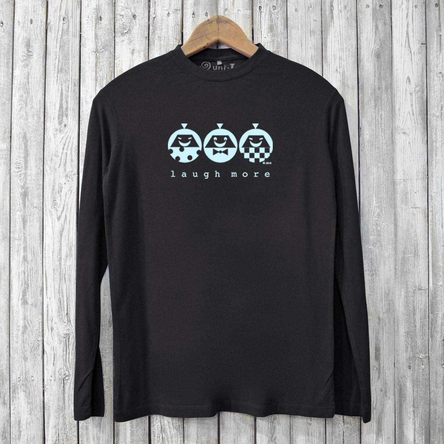 Eco-conscious black long sleeve men's tshirt with 'Laugh More' print, combining bamboo and organic cotton for a soft, ethical fashion statement.