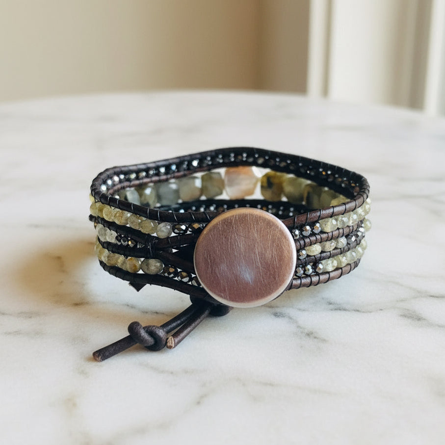 Back view of leather gemstone bracelet with brass button closure, featuring pearl, labradorite, and hematite in a multi-strand wrap style.