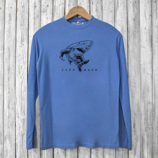 Eco-friendly Men's Bamboo Workout T-Shirt - Lift More in blue featuring a shark design. Made with organic cotton for gym and casual wear.