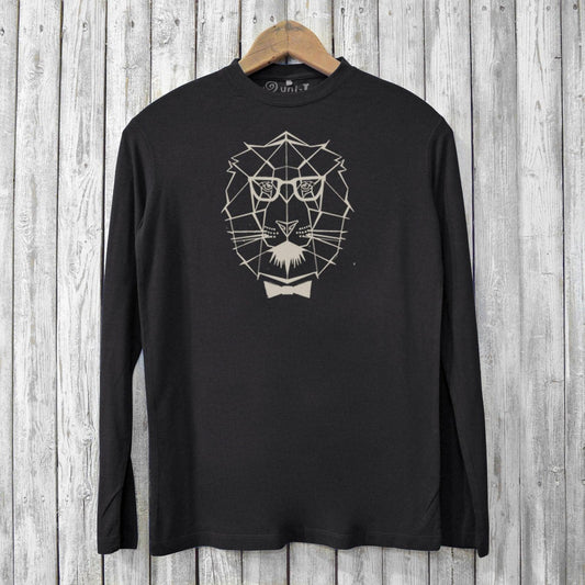 Black Men's Geometric Lion T-shirt featuring a modern lion face print. Sustainable bamboo and organic cotton long sleeve for stylish comfort.