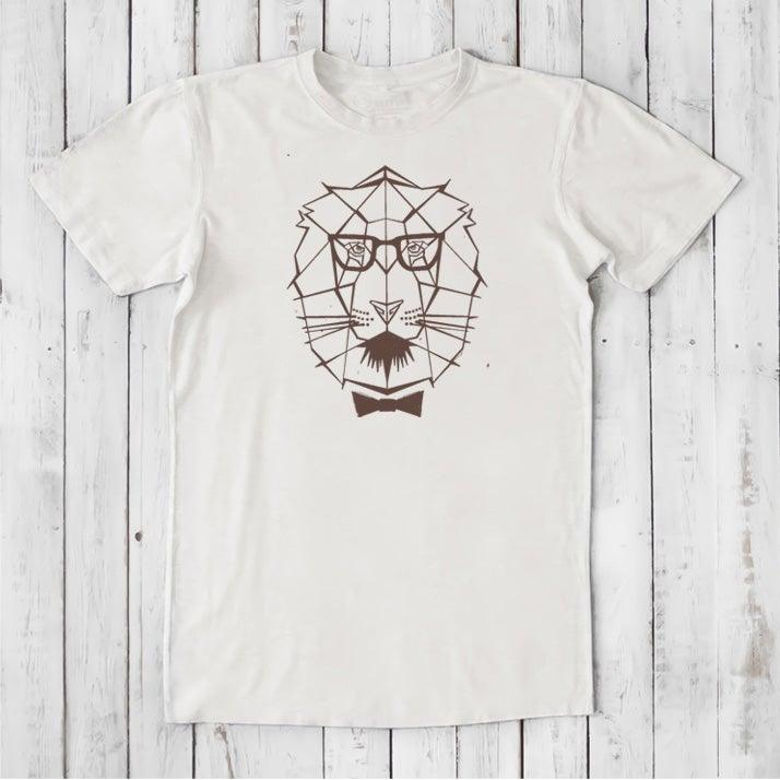 Ivory Men's Lion T-Shirt in Bamboo & Organic Cotton with brown geometric lion print, soft and symbolic gift of strength.
