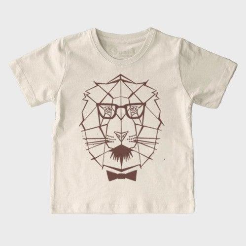 Eco-friendly kids' lion t-shirt in cream with geometric lion design, made from organic cotton, perfect for animal-loving children.