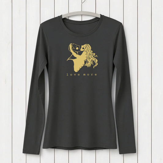 Dark gray long sleeve graphic T-shirt with a romantic line art of two women embracing, featuring 'love more' text, made from soft cotton blend
