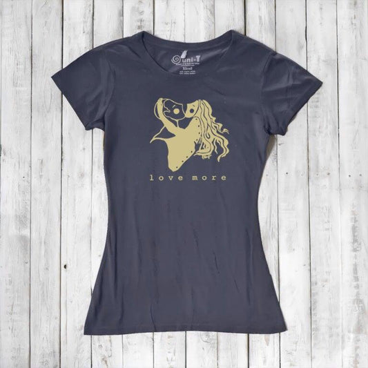 Navy blue Women's Love T-Shirt made from bamboo & organic cotton with 'Love More' heart graphic. Eco-friendly romantic anniversary gift.