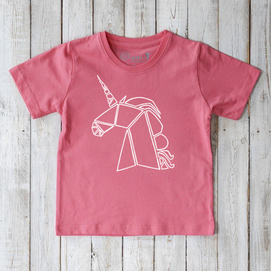 Pink Kids' Organic Cotton Unicorn T-Shirt featuring white geometric unicorn design, sustainable mythical creature top by Uni-T.