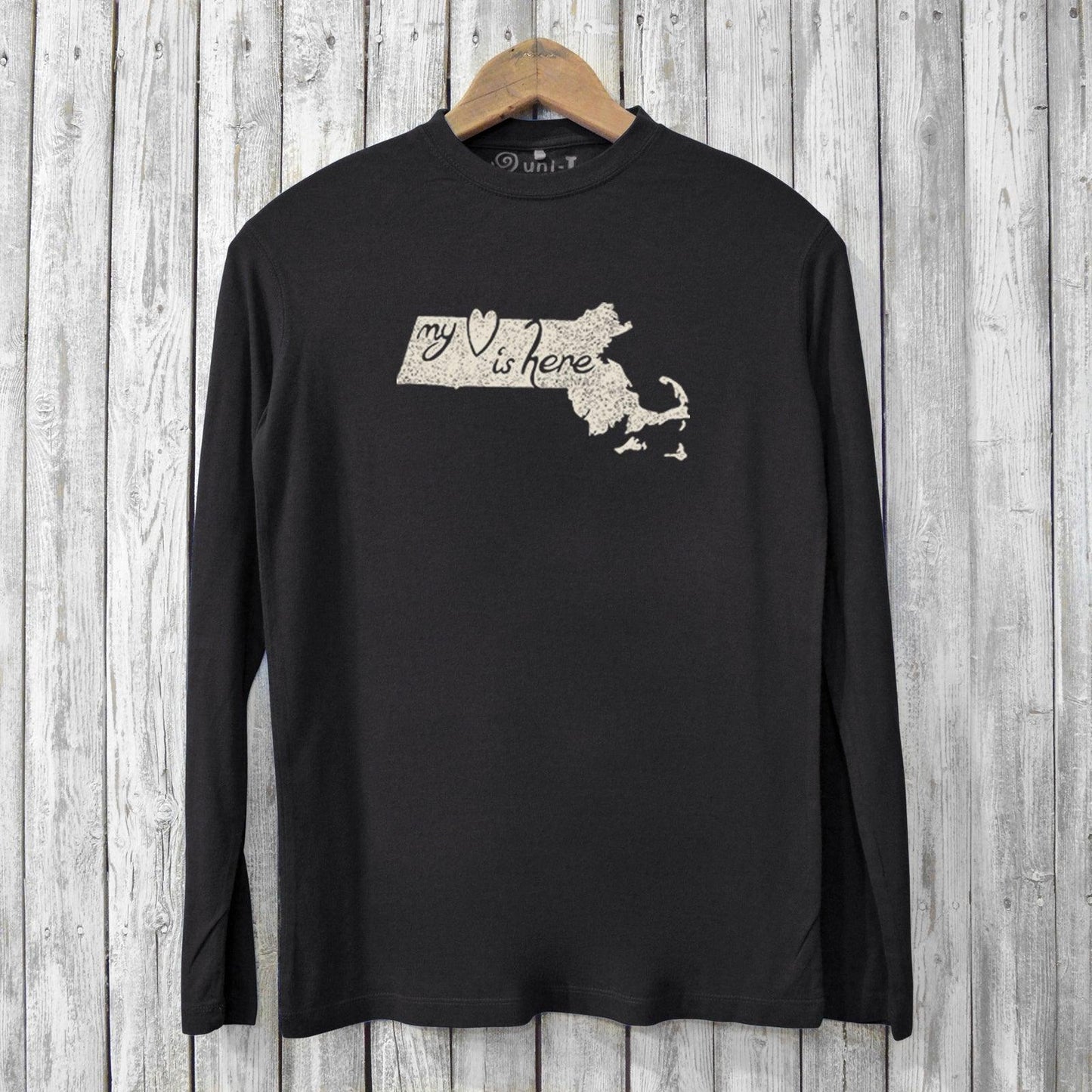 Black men's Massachusetts long sleeve T-shirt with heart-themed state graphic. Sustainable bamboo and organic cotton blend for comfort and style.