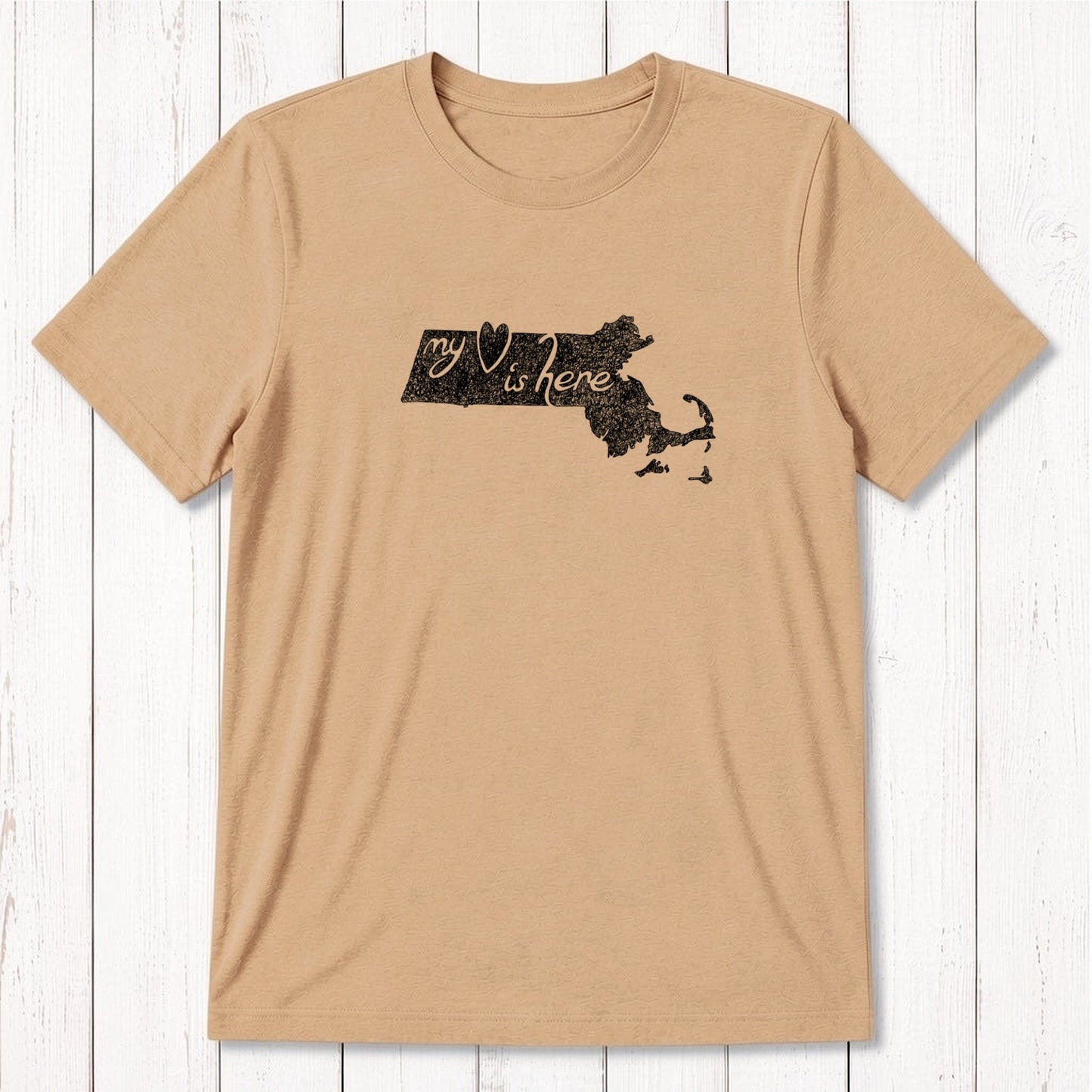 Tan Massachusetts T-Shirt for men made from bamboo and organic cotton, featuring white 'My Heart Is Here' state outline design.