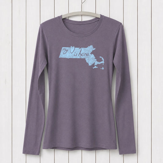 Women's Massachusetts long sleeve t-shirt in dark purple bamboo and organic cotton with 'My Heart Is Here' state graphic. Cozy Bay State souvenir tee.