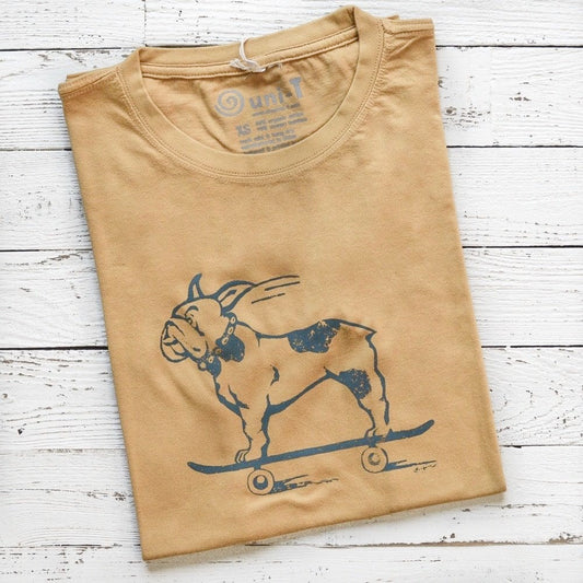 Men's French Bulldog T-Shirt in bamboo and organic cotton, mustard yellow with funny dog on skateboard graphic, classic fit gift for pet lovers.