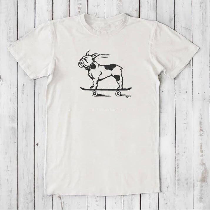 White men's bamboo and organic cotton T-shirt with black French Bulldog on skateboard graphic, funny and eco-conscious gift for pet lovers.