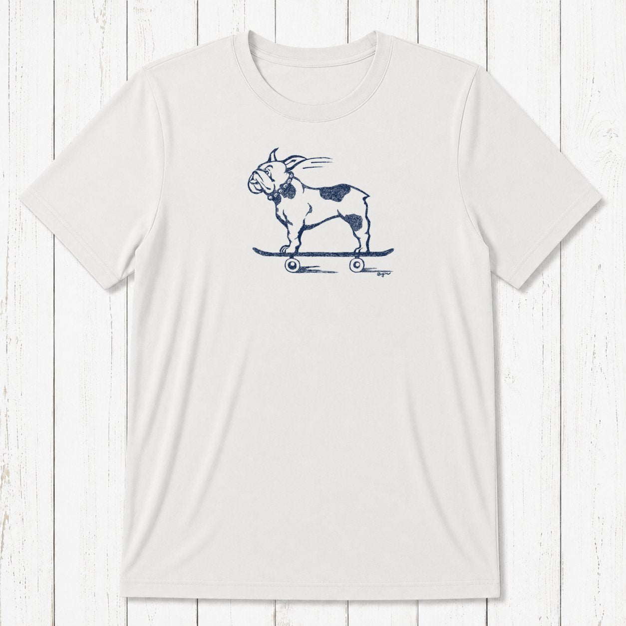 White men's bamboo and organic cotton T-shirt with black French Bulldog on skateboard graphic, funny and eco-conscious gift for pet lovers.